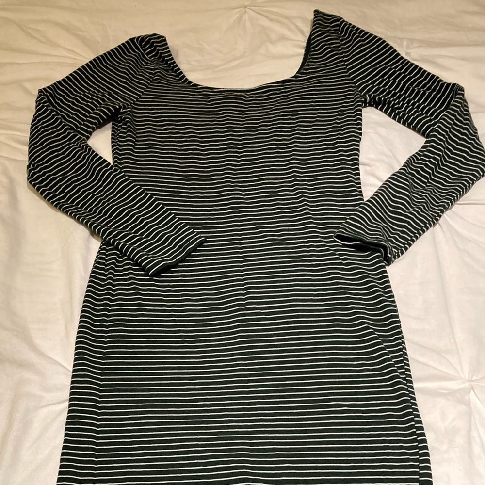 Dress, cotton snug green and white striped dress, slightly off shoulder .